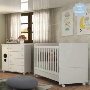 Quarto Infantil Berço com Colchão Incluso e Cômoda Pimpolho Multimóveis Branco